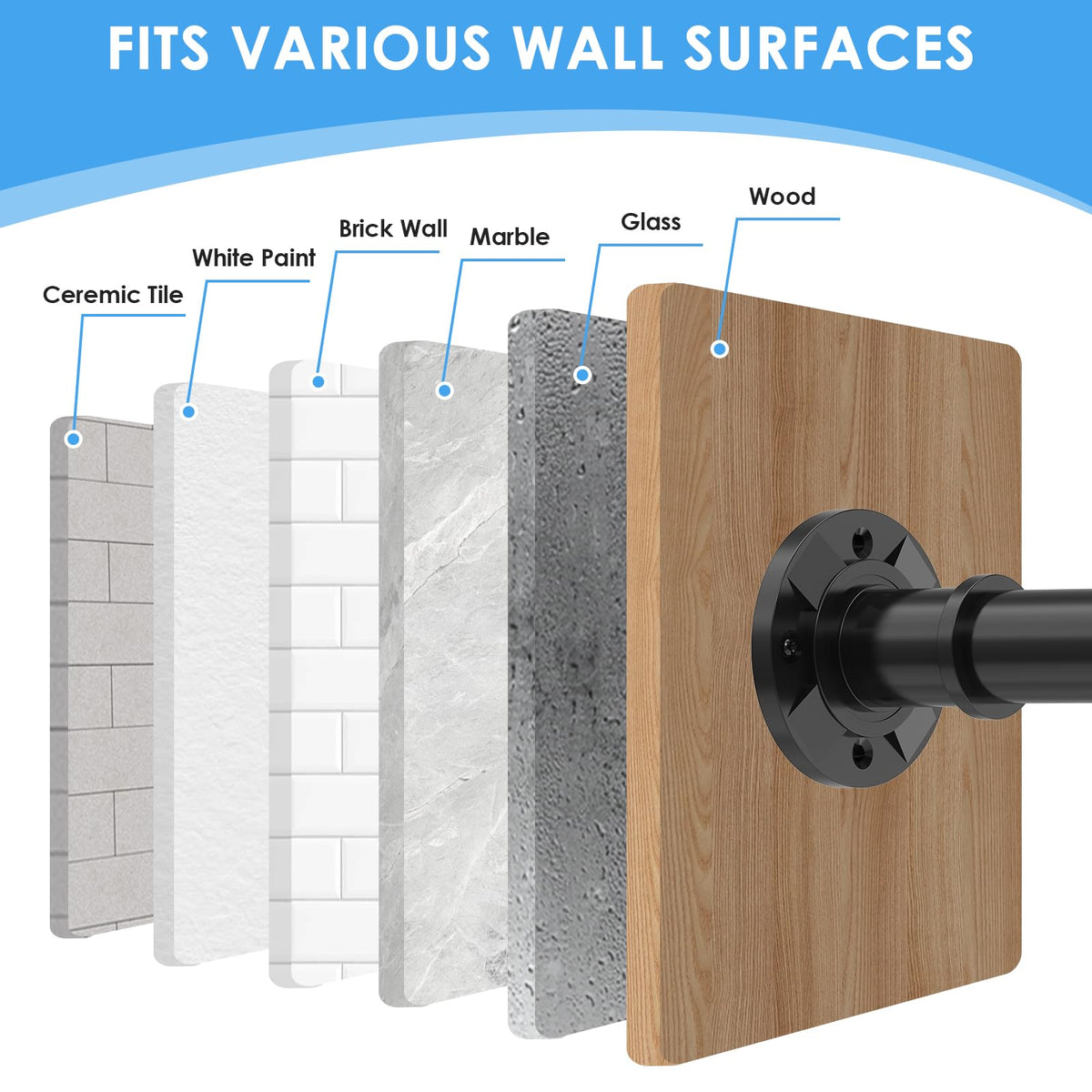 Haryaers tension rod mounts securely on tile brick glass and wood