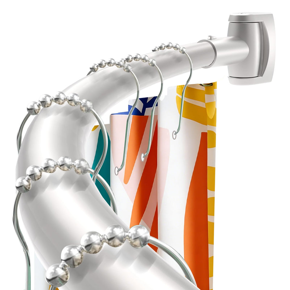 Haryaers brushed nickel curved shower rod shows extra elbow room in the shower.