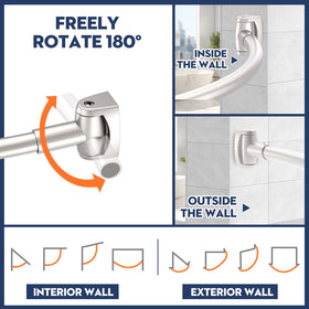 Haryaers rust-proof curved shower rod with stainless steel and ABS base.