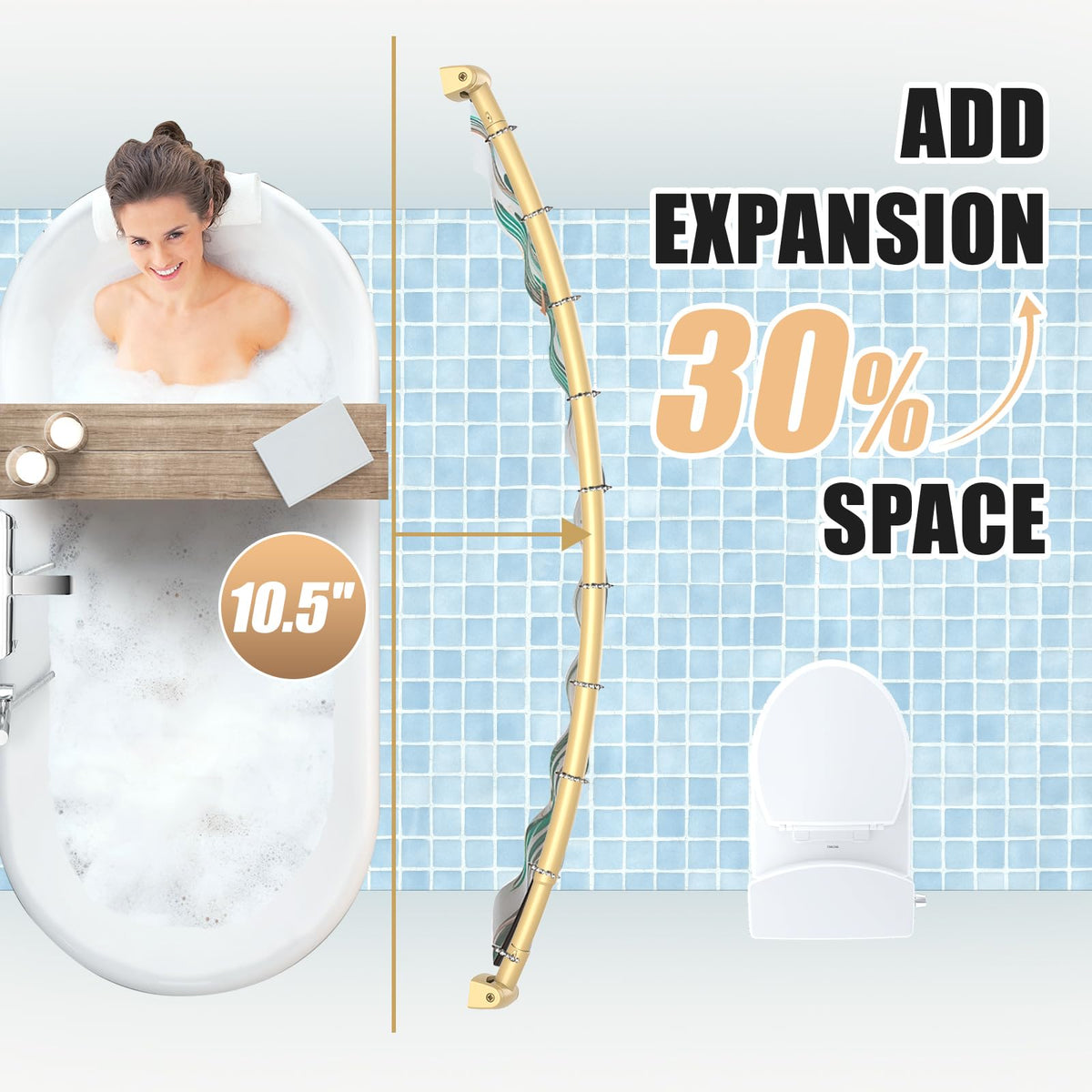 Haryaers Gold Curved Shower Rod arc design increases shower area gracefully.