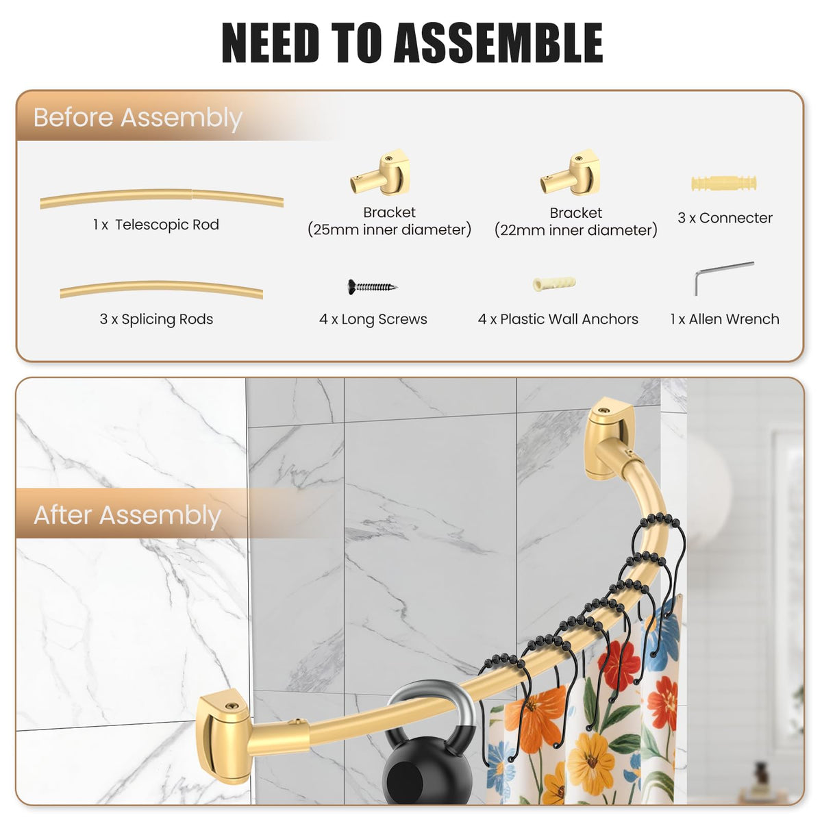 Haryaers Gold Curved Shower Rod adds elegant design to bathroom aesthetics.