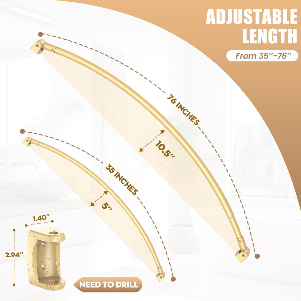 Haryaers Gold Curved Shower Rod made of rust-proof stainless steel for durability.