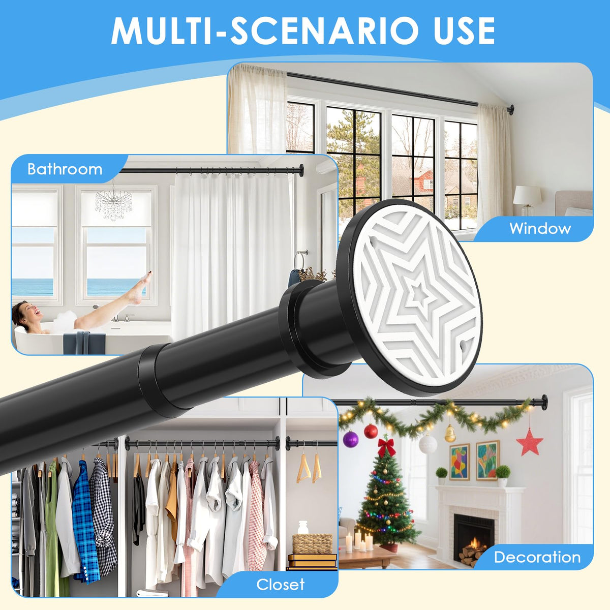 Haryaers tension rod indoor outdoor use suitable for bathrooms, patios, and closets.