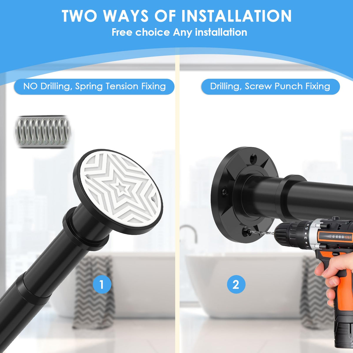 Haryaers tension rod no-drill installation for quick tool-free setup.