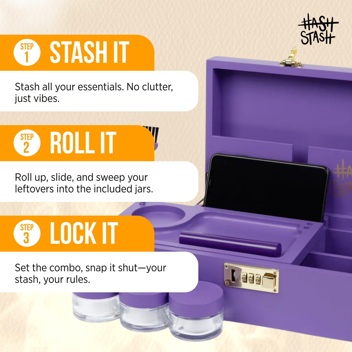 HASHSTASH purple and gold accents elevate the box as decor.