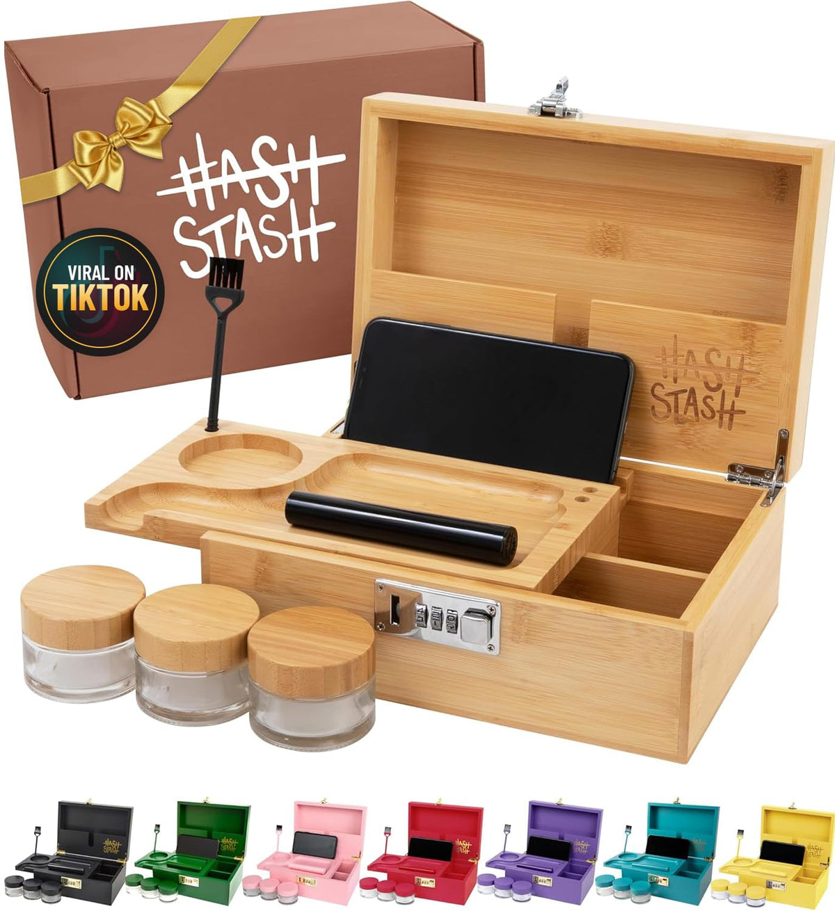 Hashstash The OG Storage Box in bamboo finish with locking lid, showing secure organization.