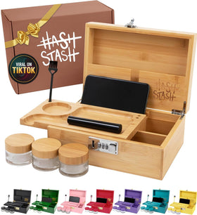 Hashstash The OG Storage Box in bamboo finish with locking lid, showing secure organization.