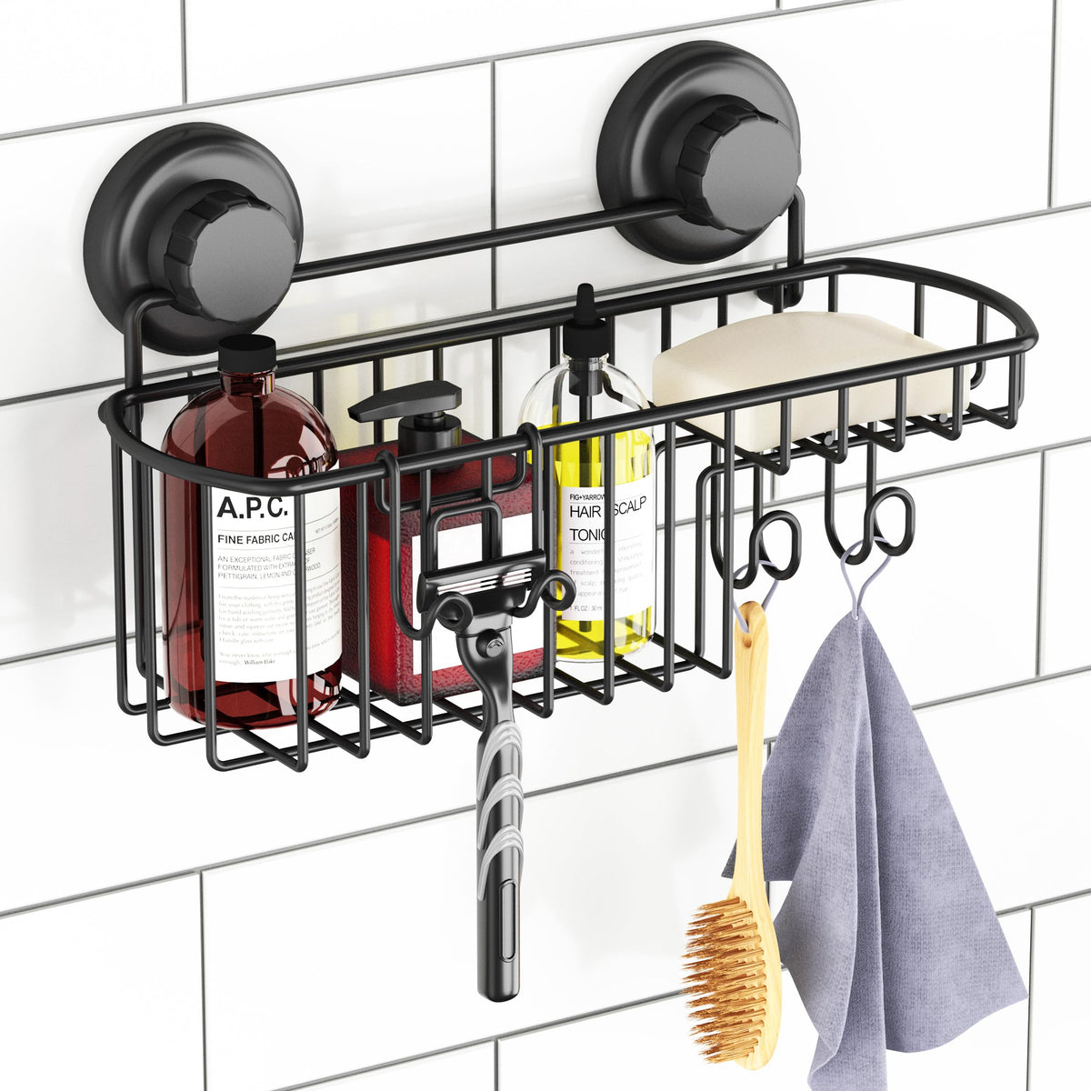 HASKO soap dish and hooks keep toiletries neatly organized in the shower.