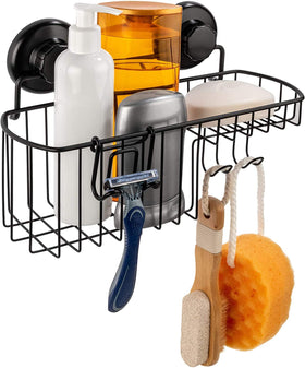HASKO shower caddy suction basket on glass provides rust-resistant storage.