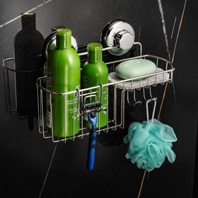 HASKO stainless steel shampoo holder keeps bottles secure in the shower.