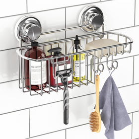 HASKO suction cup shower caddy keeps shampoo within reach and reduces clutter.