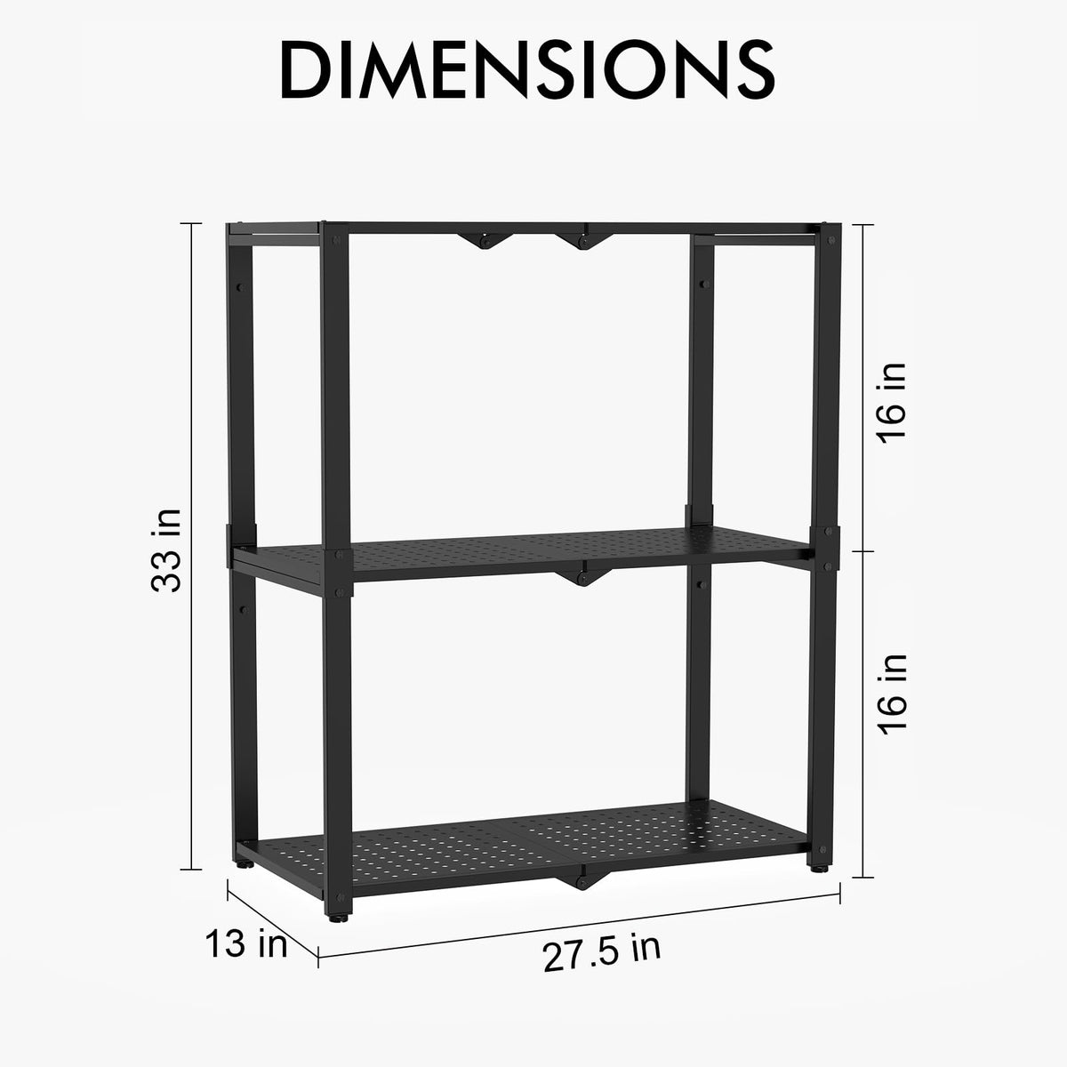 Hastatii heavy-duty steel shelves, side view, capable of supporting up to 50 lb per shelf.