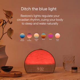 Hatch Restore 3 dimmable clock face for dark bedroom comfort.