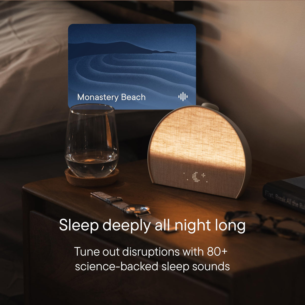 Hatch Restore 3 smart light glow creates ambient bedtime lighting.