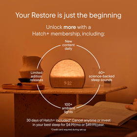 Hatch Restore 3 white noise panel offers soothing sounds for focus or sleep.