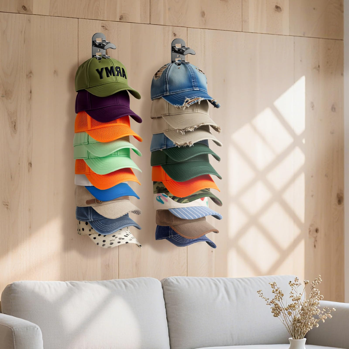 Long-design hat racks keep hats separated and easy to access.