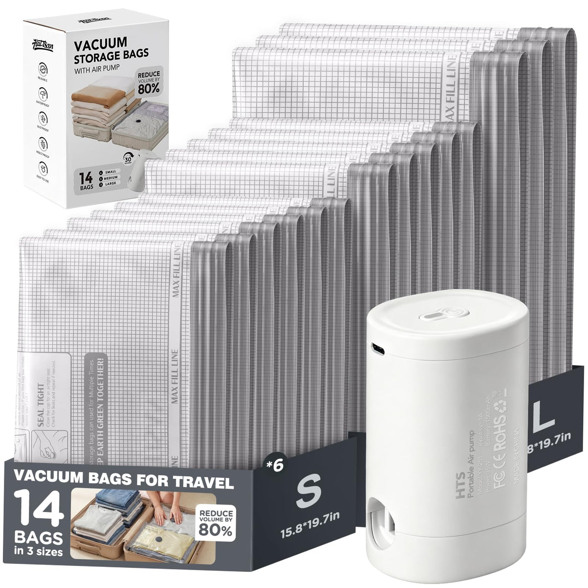 Hatisan rechargeable-pump vacuum bags showing compact packing for travel