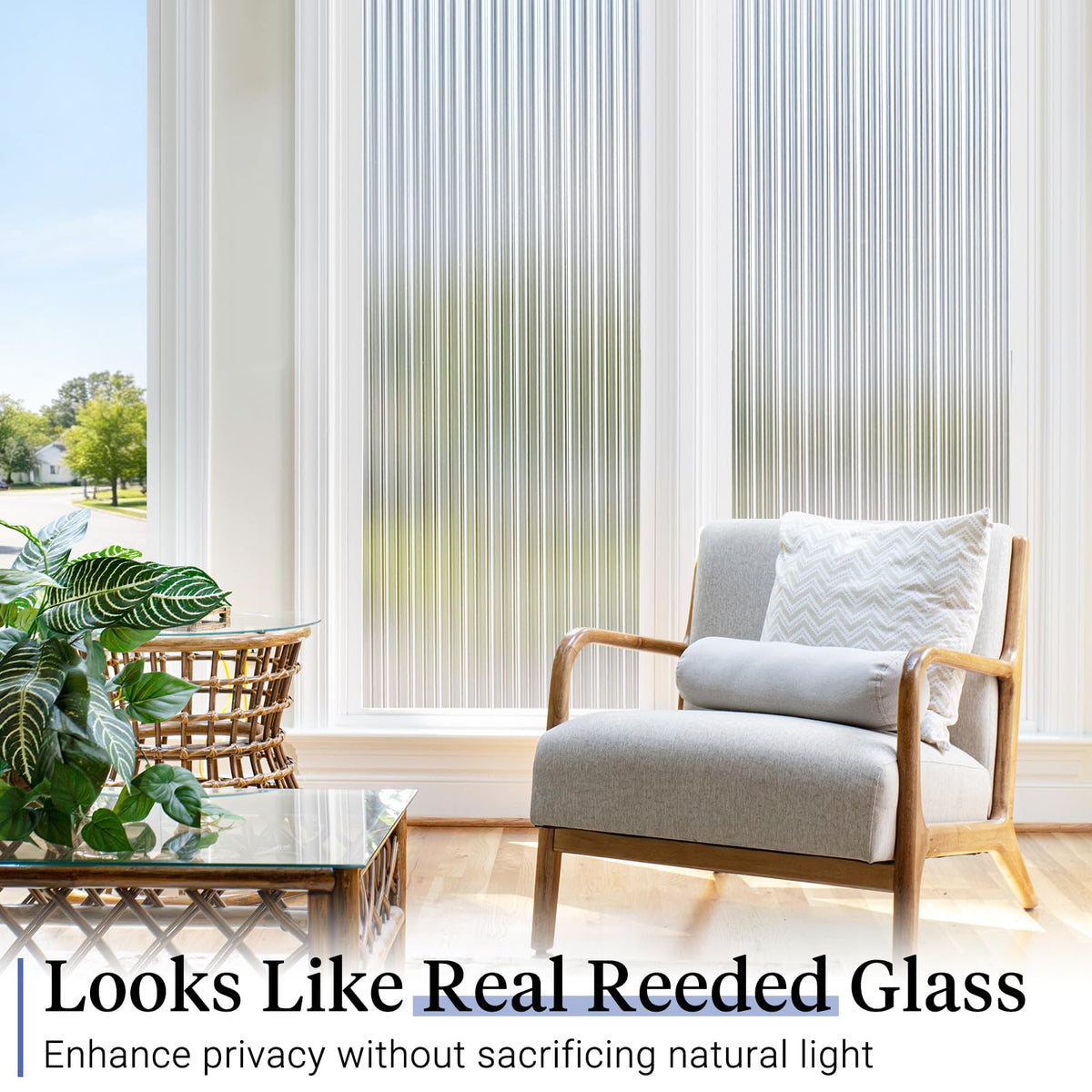 Haton Reeded Glass Film blocks UV rays to protect furnishings.