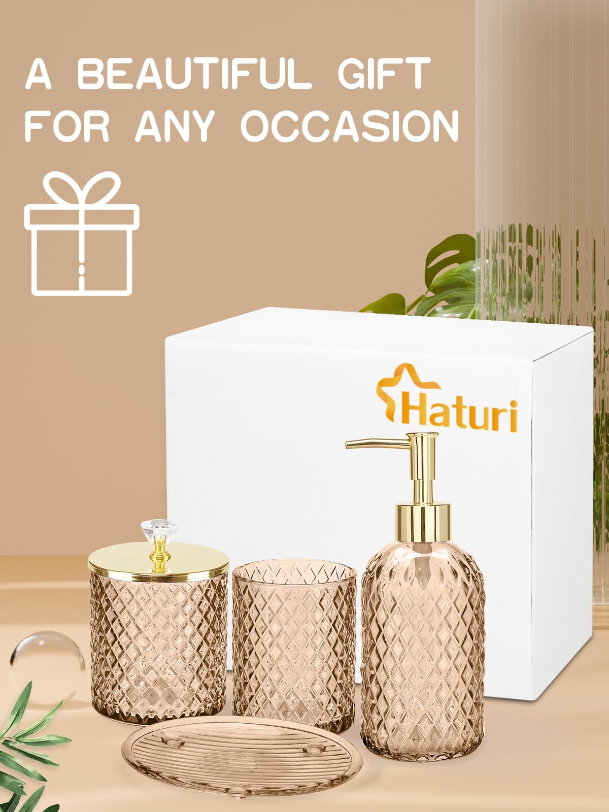 Haturi Amber Brown bathroom decor ensemble blends rustic and modern aesthetics.