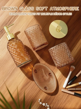 Haturi Amber Brown glass bathroom set enhances decor with warm amber tones.