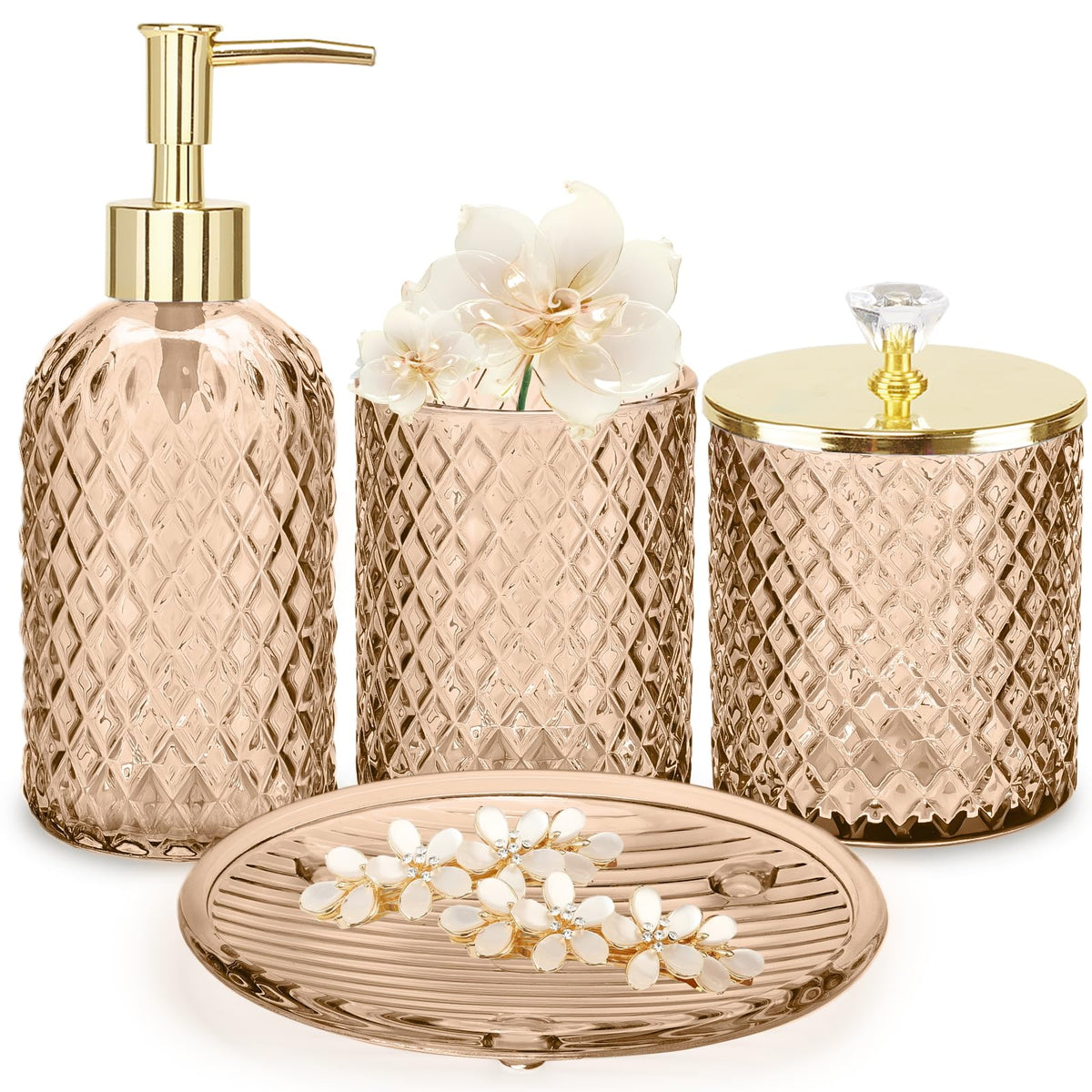 Haturi Amber Brown soap dispenser adds vintage charm and counter organization.