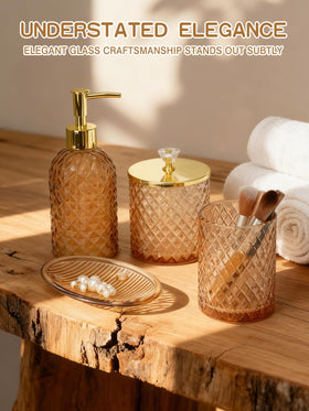Haturi Amber Brown vanity tray anchors cosmetics and jewelry in style.