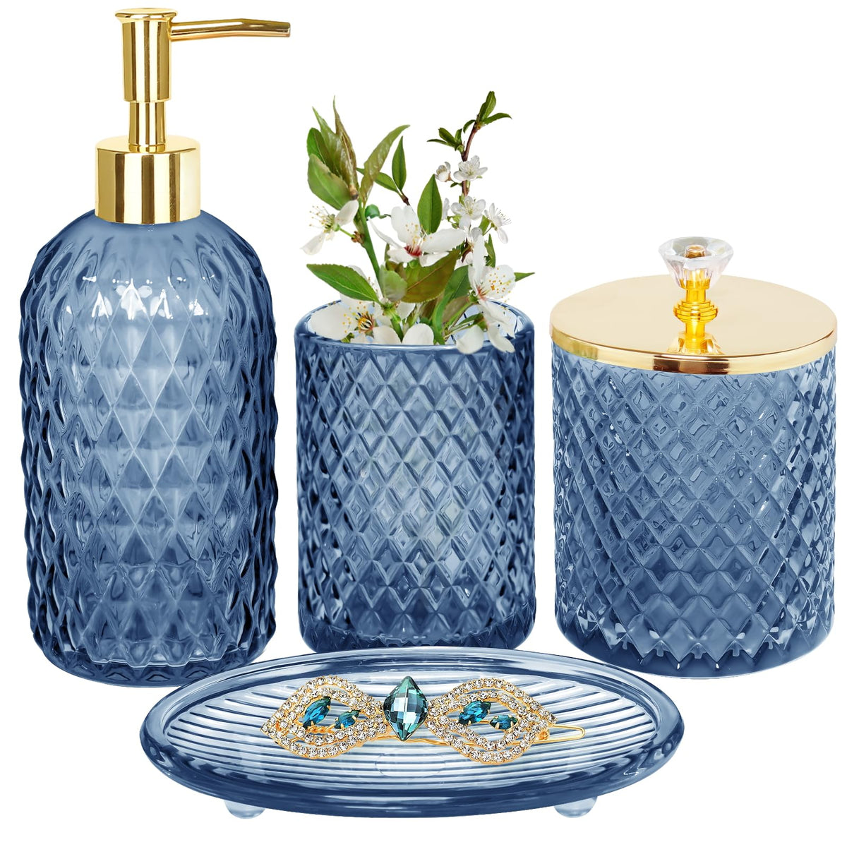 Haturi blue glass lotion dispenser with drip-free pump for tidy counters.