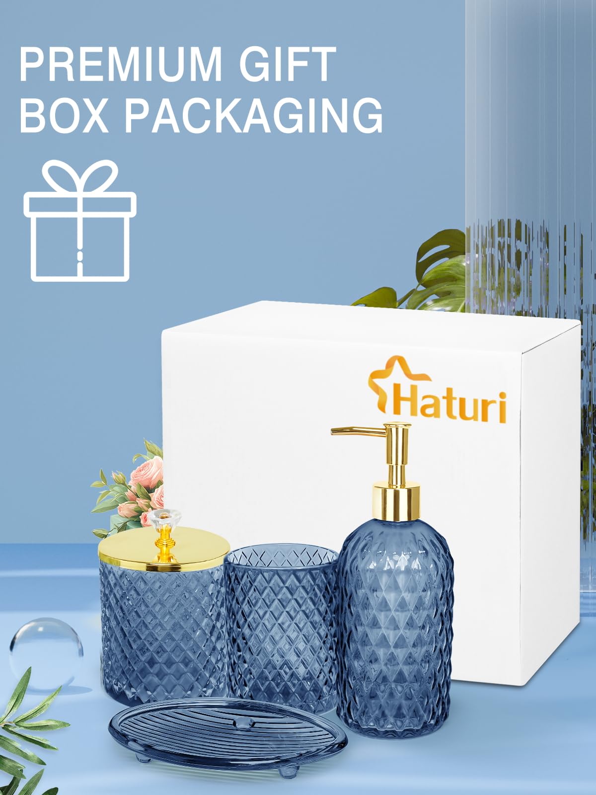 Haturi blue glass bathroom set presents a cohesive decor look.