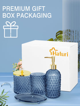 Haturi blue glass bathroom set presents a cohesive decor look.