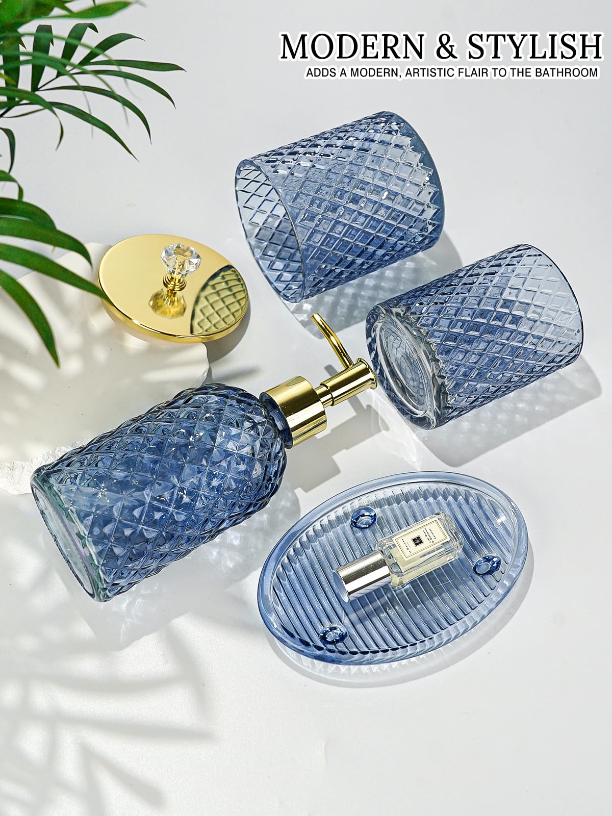 Haturi blue glass soap dish keeps soap dry and elegant.