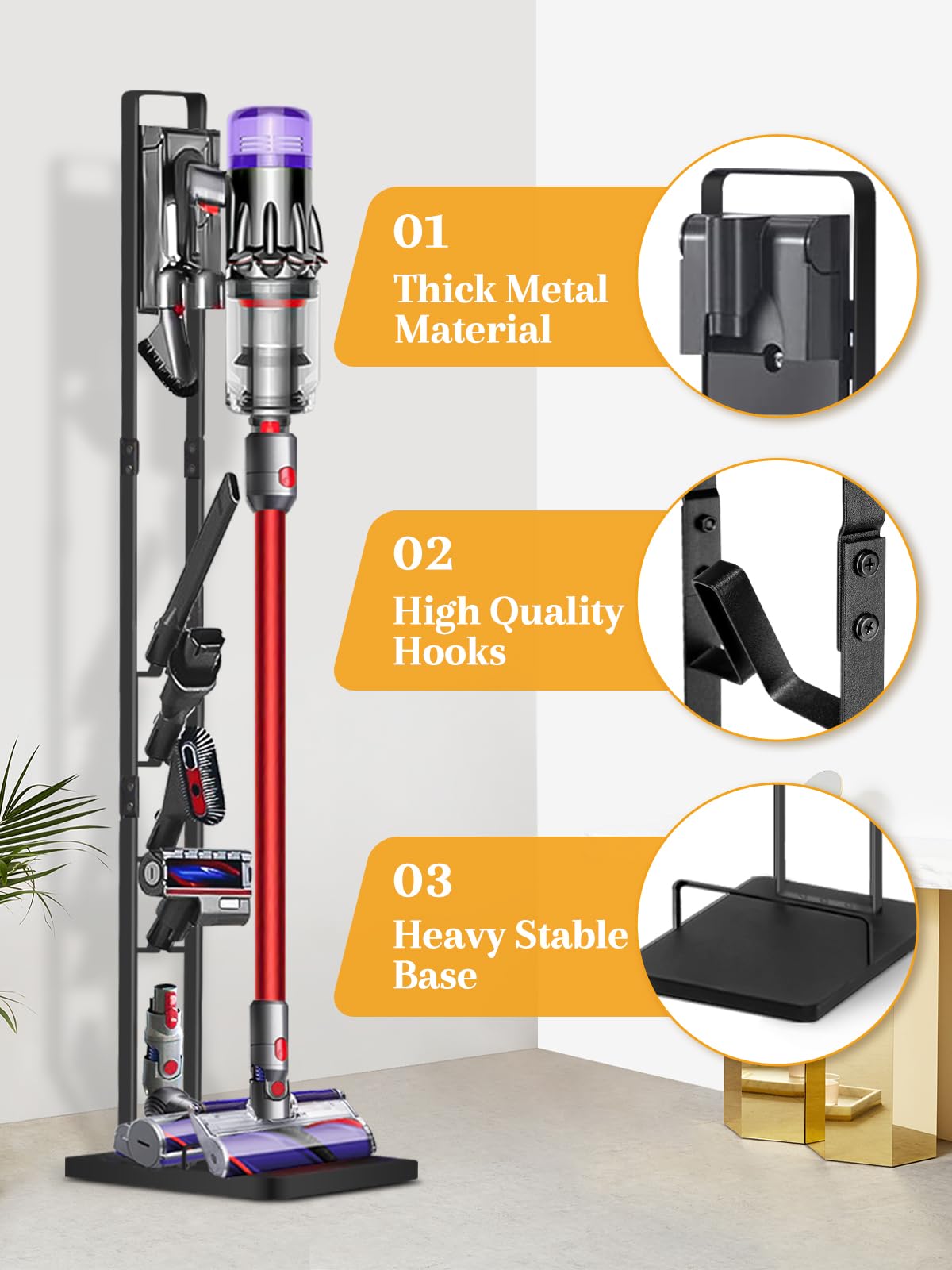 Haturi metal stand keeps Dyson accessories neatly organized and within reach