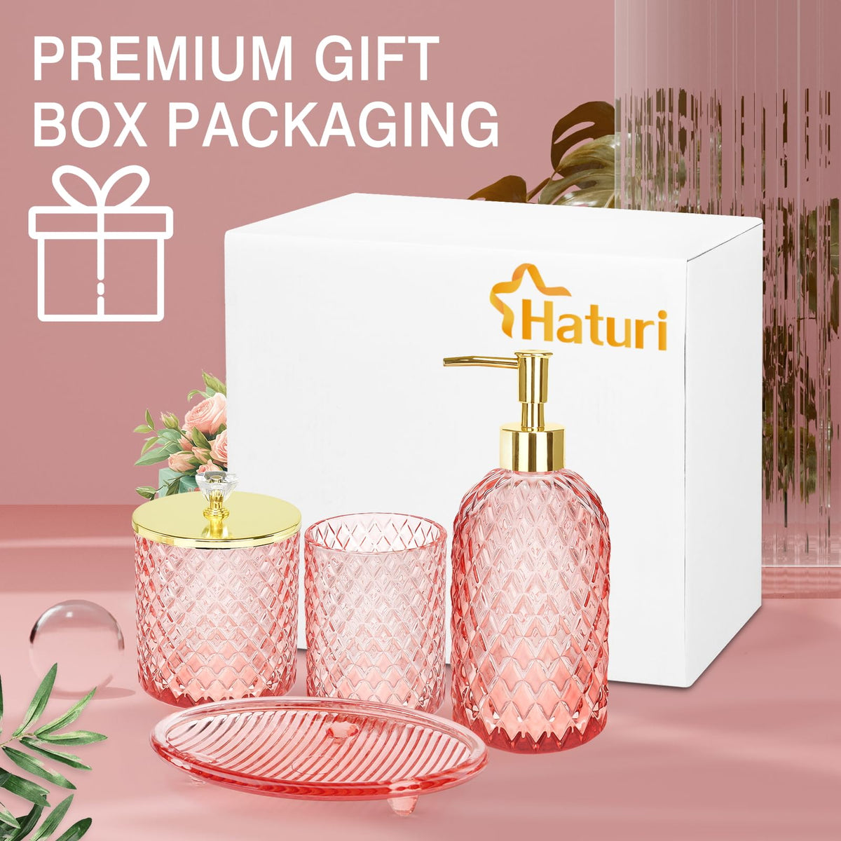 Haturi pink bathroom set on countertop creates a cohesive, stylish look