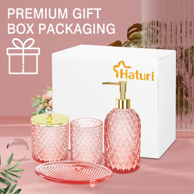 Haturi pink bathroom set on countertop creates a cohesive, stylish look