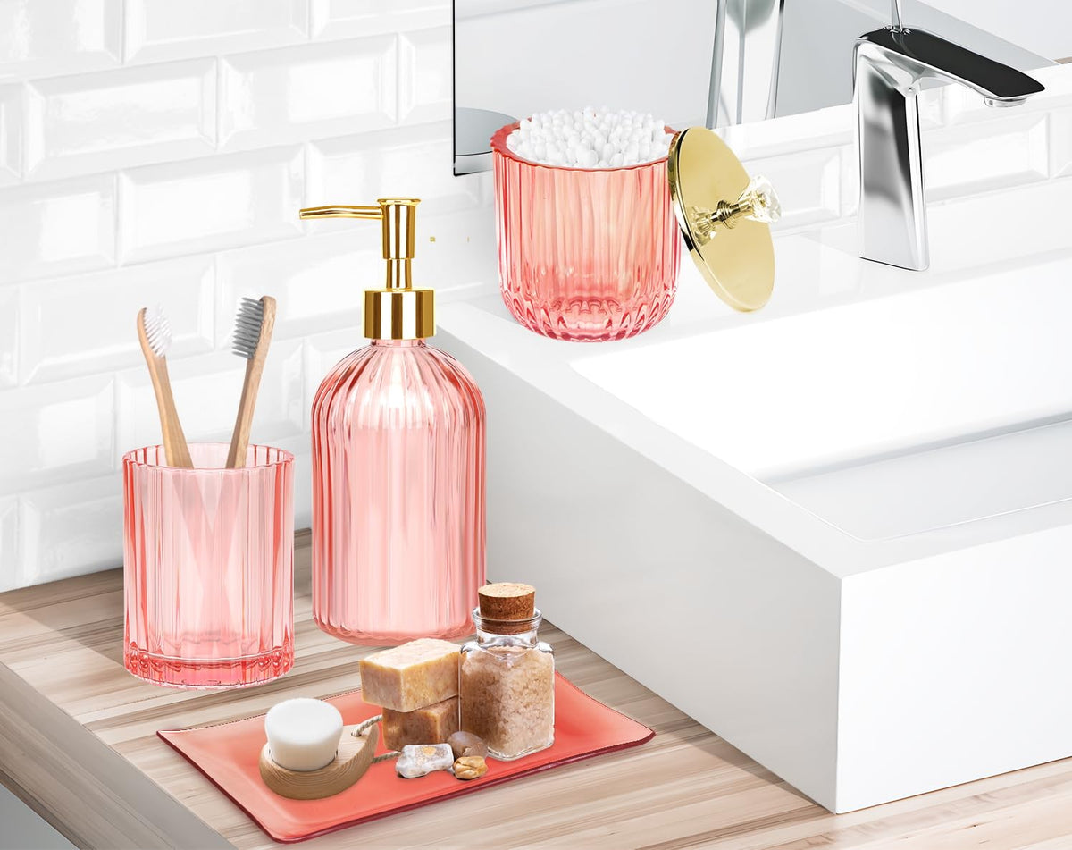 Haturi pink glass bathroom decor ensemble suits both rustic and modern spaces