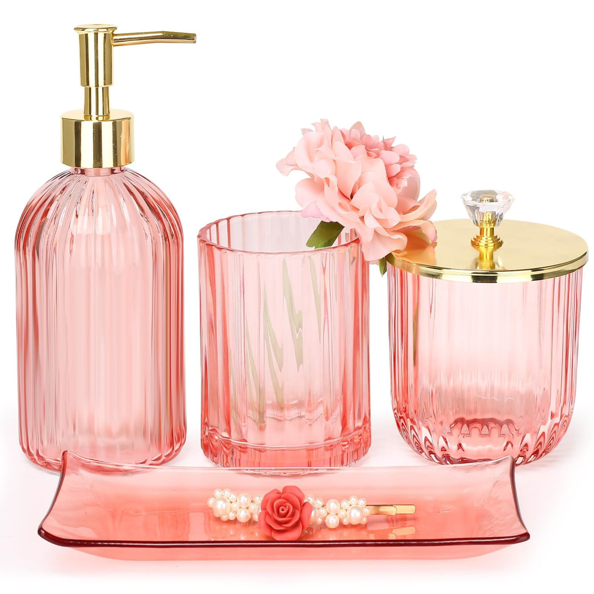 Haturi pink glass lotion dispenser keeps your bathroom organized and accessible