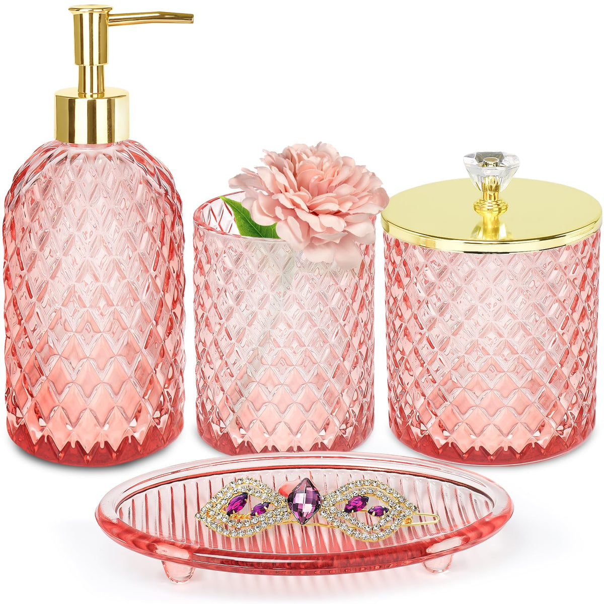Haturi pink glass soap dispenser with gold lid for elegant storage and easy dispensing
