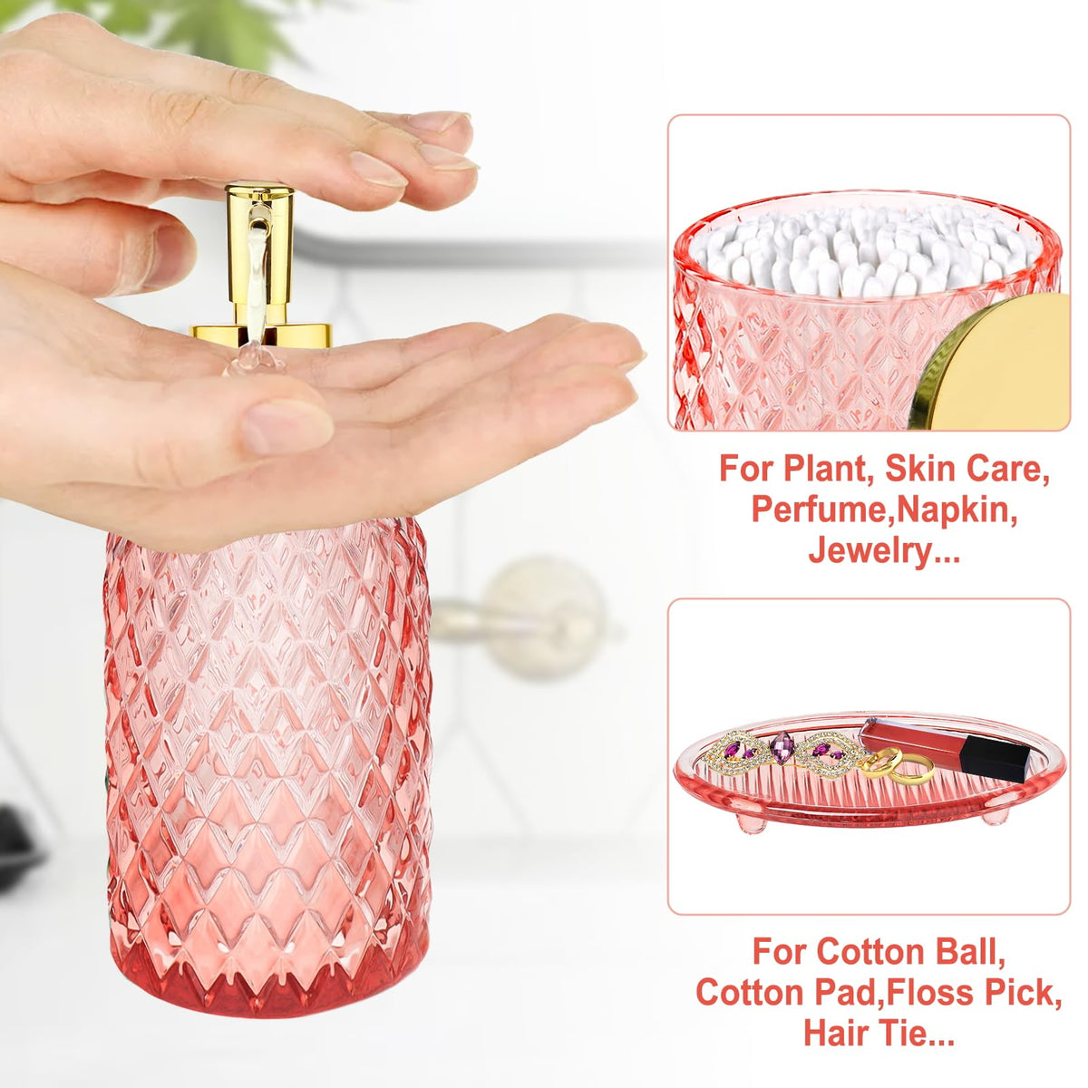 Haturi pink glass toothbrush holder secures brushes while adding color