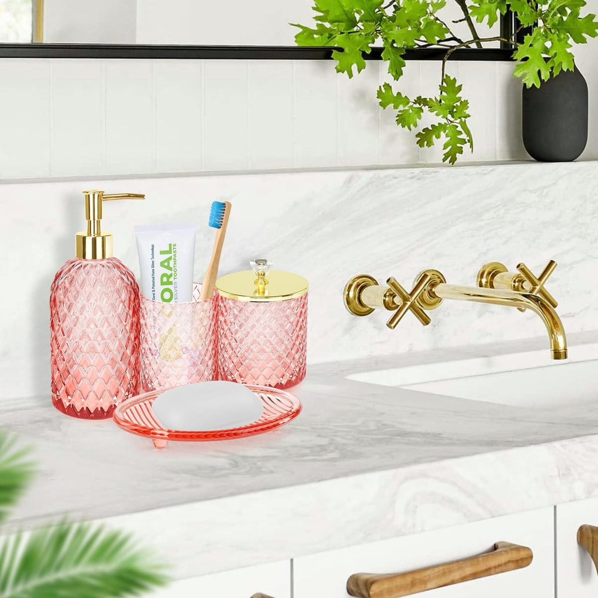 Haturi pink glass vanity tray enhances counter organization with stylish gold accents
