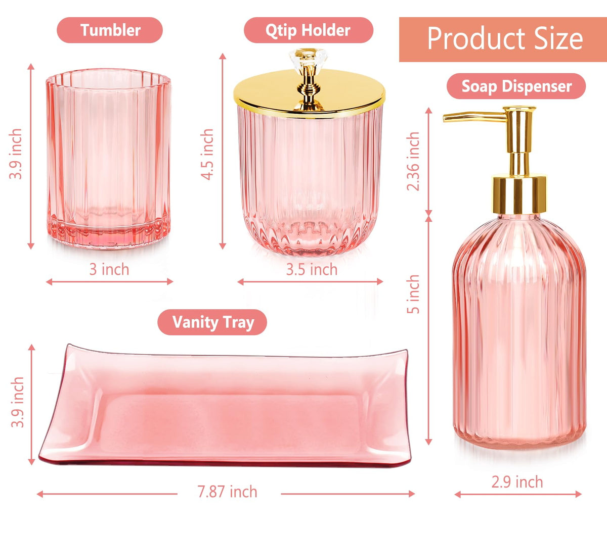 Haturi pink glass vanity tray organizes cosmetics and jewelry with chic accents