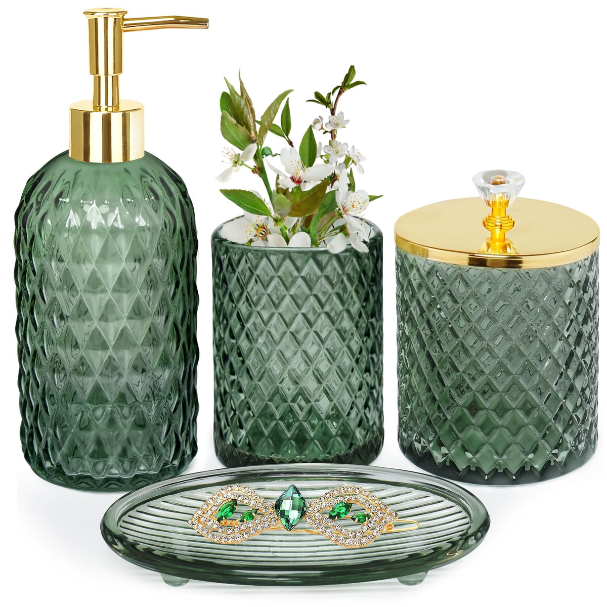 Haturi sage green glass lotion dispenser with drip-free pump for a clean bathroom.