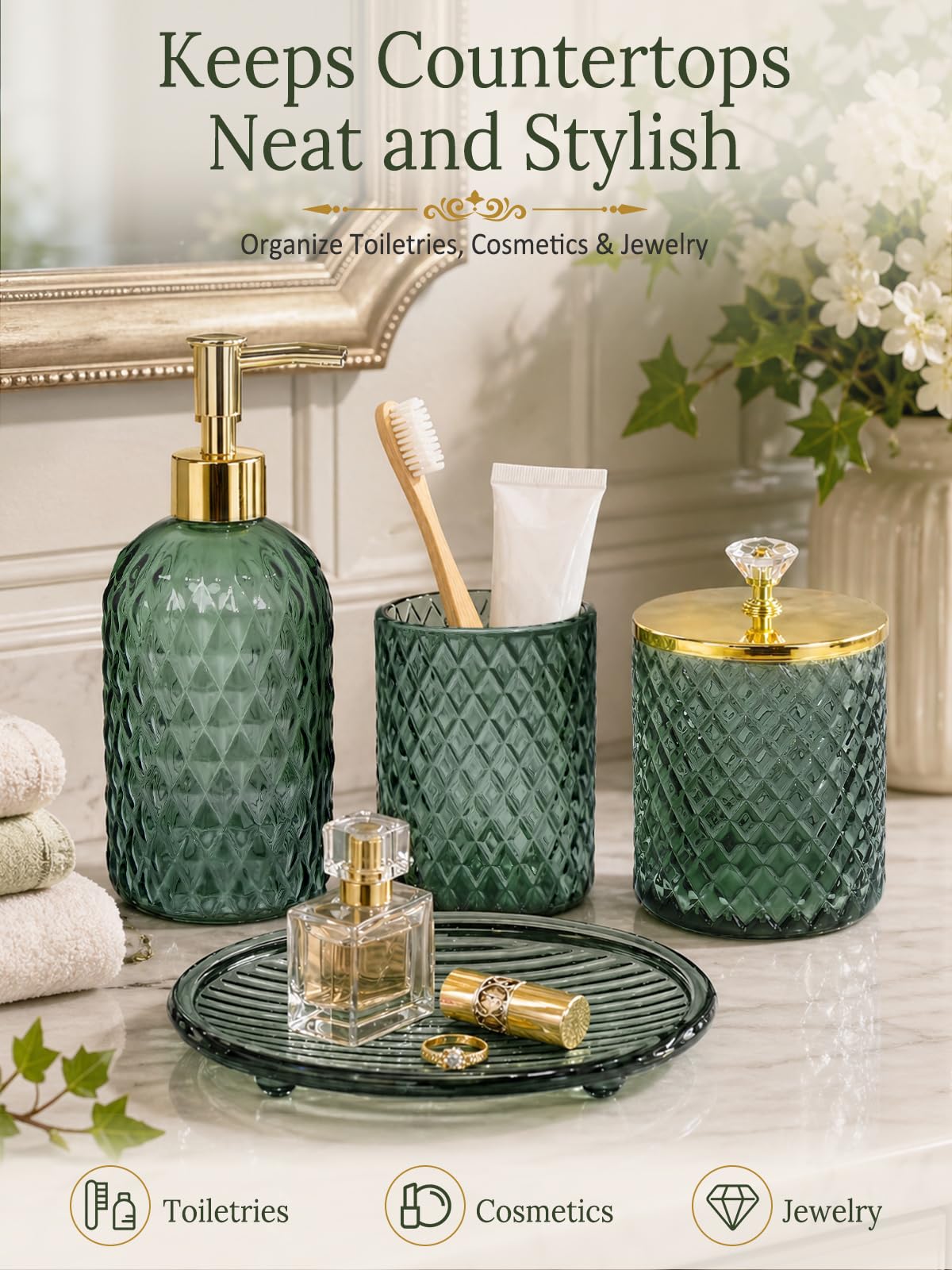 Haturi sage green glass qtips holder organizes cotton swabs neatly.