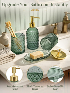 Haturi sage green glass soap dish adds elegance and keeps soap dry.