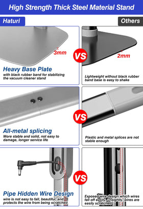 Haturi vacuum stand showing four accessory hooks for tools and attachments.