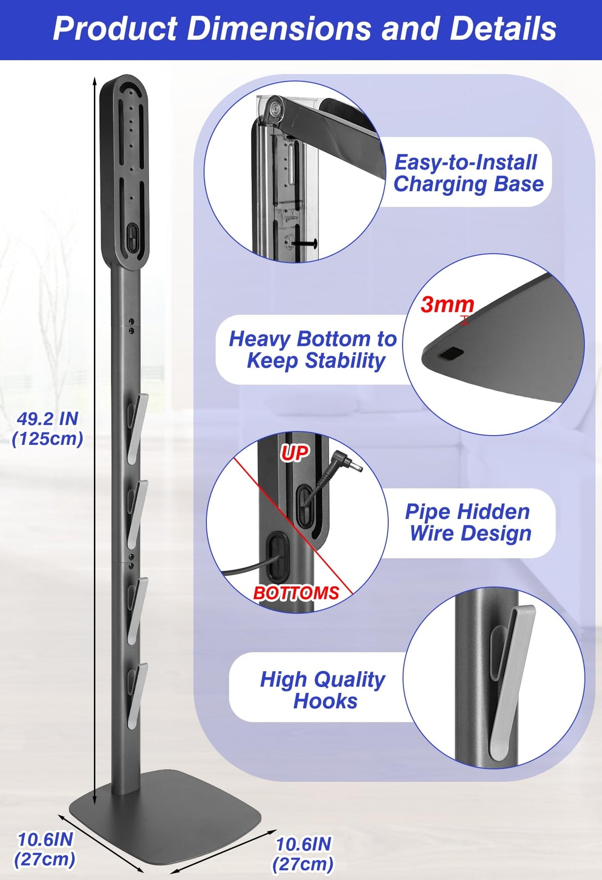 Metal frame closeup highlights durable construction and premium finish.