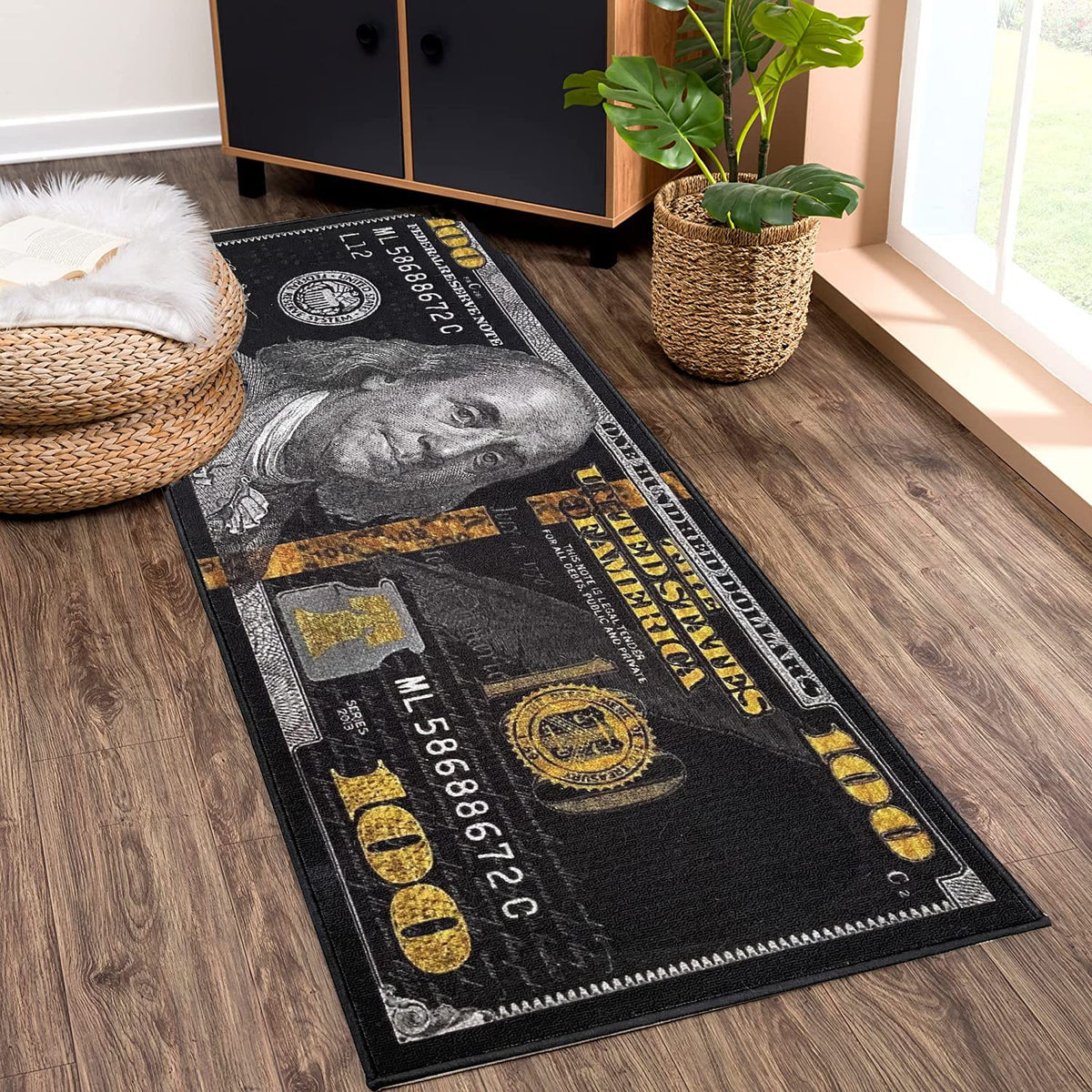 HUAHOO Black Money Rugs bedroom ambience highlights versatile indoor use.