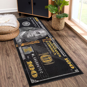 HUAHOO Black Money Rugs bedroom ambience highlights versatile indoor use.