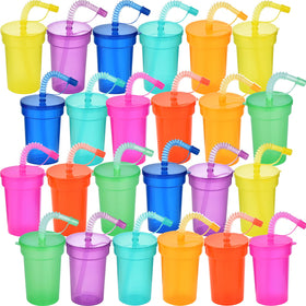 Haundry neon cups with lids and straws for mess-free kids’ parties.