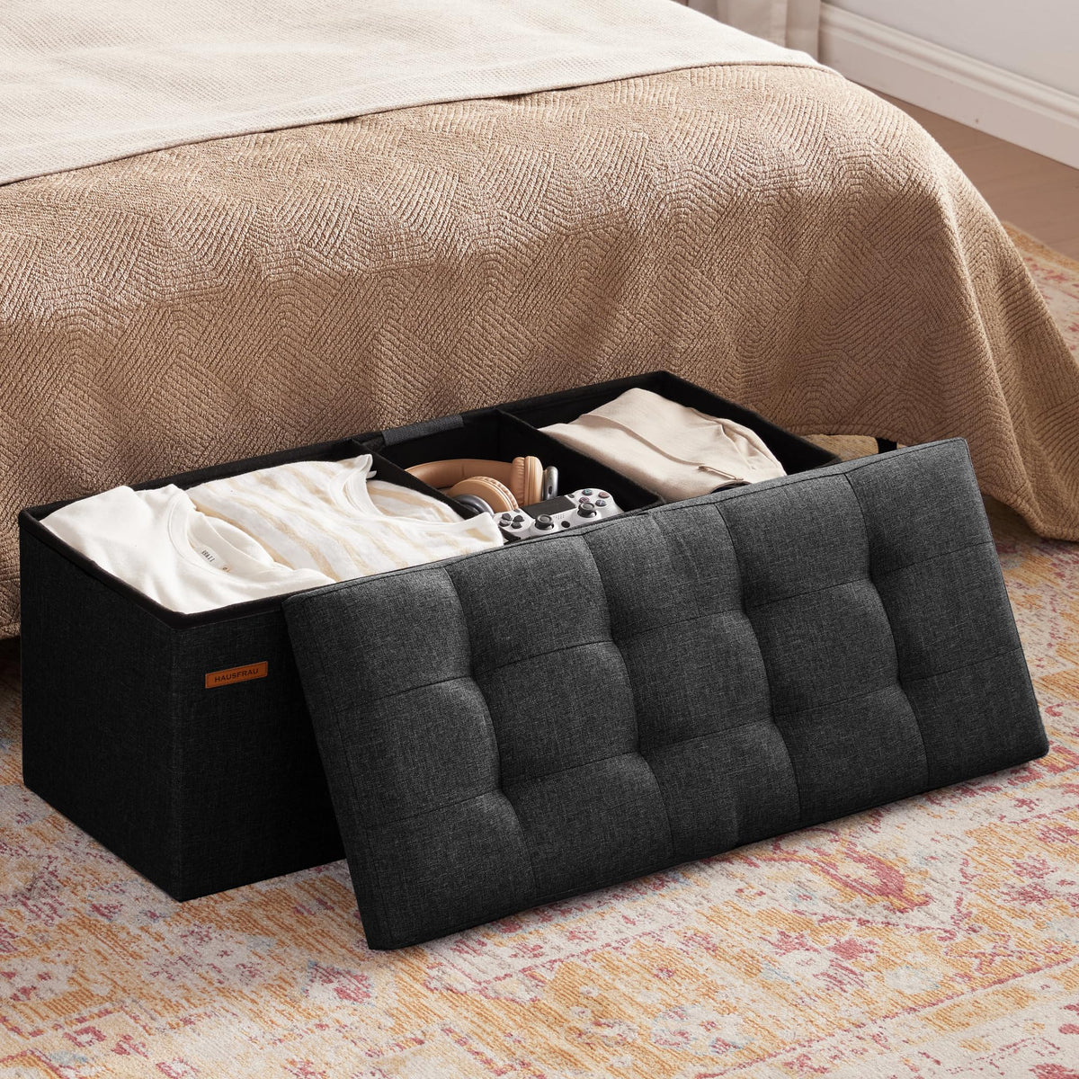 HAUSFRAU linen black upholstered bench offers elegant seating and style