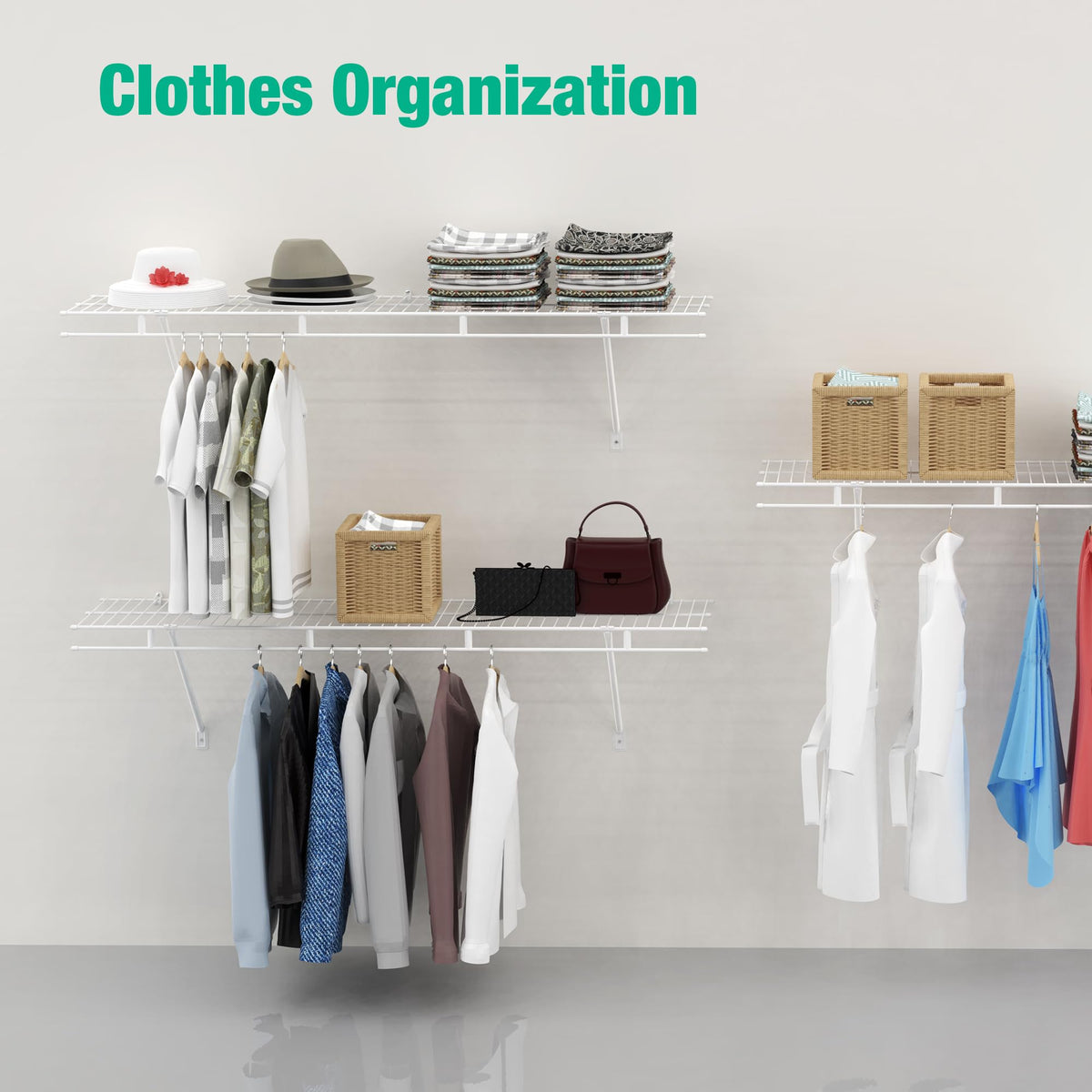4 ft by 12 in white HAUSHOF shelves installed in a closet to maximize vertical storage.