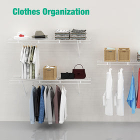 4 ft by 12 in white HAUSHOF shelves installed in a closet to maximize vertical storage.